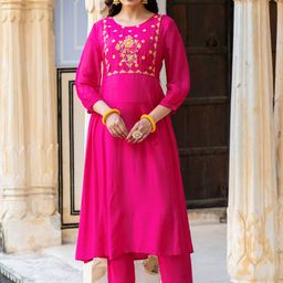 KASYA Floral Embroidered Round Neck Aanarkali Tunic With Trousers-image-39
