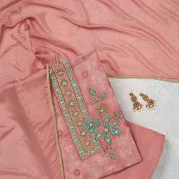 Koskii Floral Embroidered Beads and Stones Organza Unstitched Dress Material-picture-11