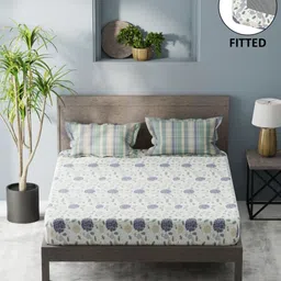 KOPA White & Navy Blue Floral 200 TC King Bedsheet with 2 Pillow Covers-image-64