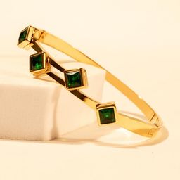 RaasRani Women Cubic Zirconia Gold-Plated Green Cuff Bracelet-image-36