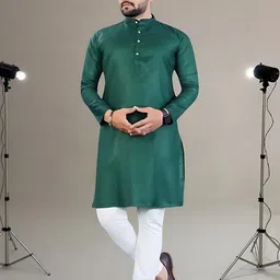 PoshSide Men Solid Straight Kurta (Dark Green)-image-17