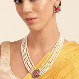 Anouk Gold Plated Kundan Studded Beaded Premium Layered Necklace Earring Set-53