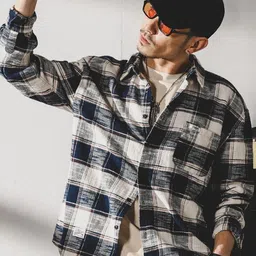 KPOP Men Original Fit Checked Spread Collar Cotton Casual Shirt-image-5