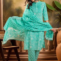 Sangria Floral Printed Mandarin Collar Pure Cotton Straight Kurta With Trouser And Dupatta-27