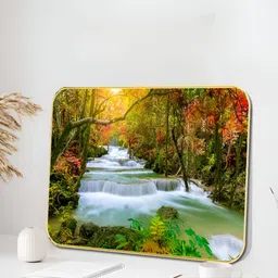 SAF Green & White Waterfall Forest Printed Wall Art-19