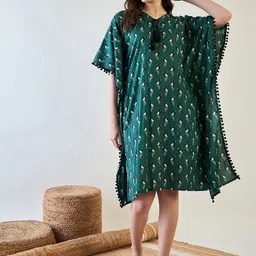 The Kaftan Company Women Cotton Green Printed  and Pom-Pom Trim Nightdress-image-1