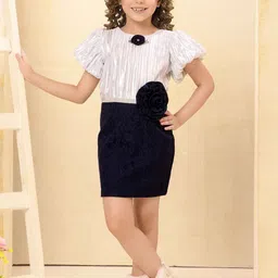 Lagorii Girl's Navy Blue Floral Embellished Party Wear Dress-36