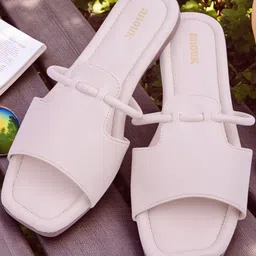 Anouk Women Beige Synthetic Square Toe Slip-On Solid Flat Sandals-picture-19
