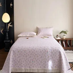 JC HOME Pink & Green Floral Printed Double King Bed Cover With Pillow Covers-picture-39