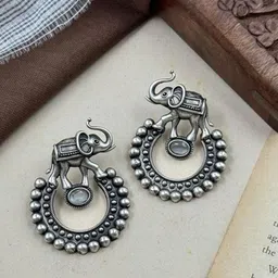 NAMAN ARTS Silver-Plated Artificial Stones Studded Circular Shaped Drop Earrings-85