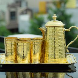 Brass Drinkware set with Jug, Glass & tray with hammered design Jug Glass Tray Set-image-1