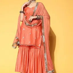 KALINI Ethnic Motifs Embroidered Sequinned Kurta With Sharara & With Dupatta-picture-7