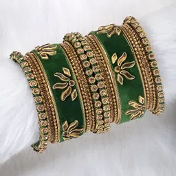 Peora Green & Gold-Plated Set Of 2 Matching Bangle Kundan Studded Chuda Bangles image 1