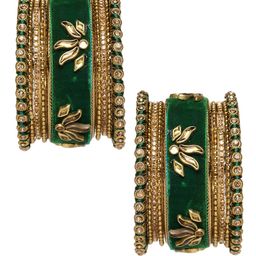 Peora Green & Gold-Plated Set Of 2 Matching Bangle Kundan Studded Chuda Bangles image 3