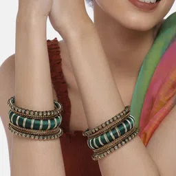 Peora Green & Gold-Plated Set Of 2 Matching Bangle Kundan Studded Chuda Bangles image 2
