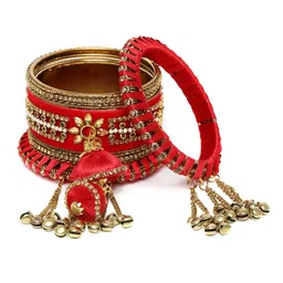Peora Red & Gold-Plated Set Of 2 Matching Bangle Kundan Studded Chuda Bangles image 4