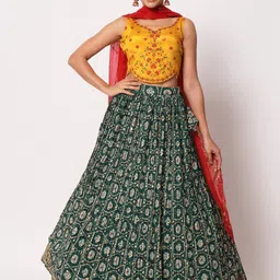 SHUBHKALA Embroidered Semi-Stitched Lehenga & Unstitched Blouse With Dupatta-image-9