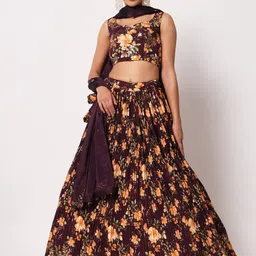 SHUBHKALA Purple & Orange Printed Semi-Stitched Lehenga & Unstitched Blouse With Dupatta-image-58