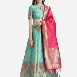 Mitera Sea Green & Red Unstitched Lehenga & Blouse With Dupatta-11