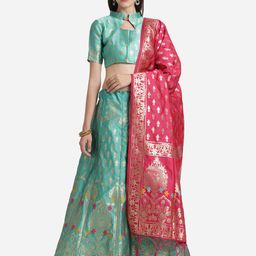 Mitera Teal & Pink Unstitched Lehenga & Blouse With Dupatta-36