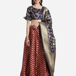 Mitera Maroon & Navy Blue Thread Work Unstitched Lehenga & Blouse With Dupatta-image-48