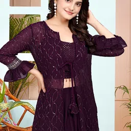 GRISHU COLLECTION Embroidered Sequinned Round Neck Crop Top With Skirt & Shrug image 2