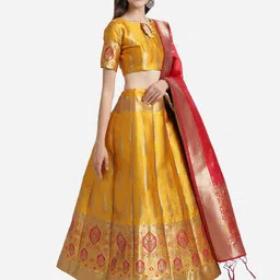 Mitera Mustard Yellow & Red Unstitched Lehenga & Blouse With Dupatta image 3
