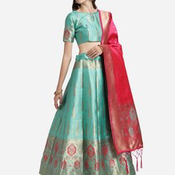Mitera Sea Green & Red Unstitched Lehenga & Blouse With Dupatta image 3