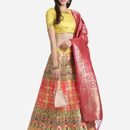 Mitera Yellow & Red Thread Work Unstitched Lehenga & Blouse With Dupatta image 3