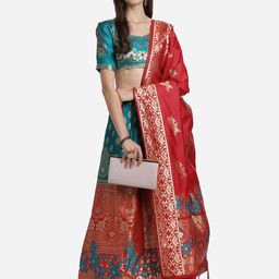 Mitera Teal & Red Semi-Stitched Lehenga & Unstitched Blouse With Dupatta image 4