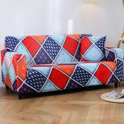 HOUSE OF QUIRK Red & Blue Printed 3-Seater Non-Slip Sofa Cover-picture-34