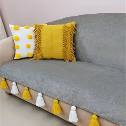 THROWPILLOW Grey & Yellow Anti Slip Tassels Sofa Cover-38