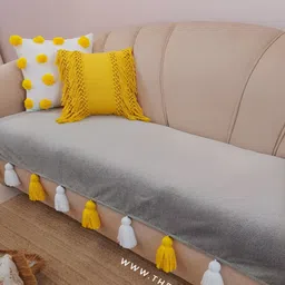 THROWPILLOW Grey & Yellow Anti Slip Tassels Sofa Cover-24