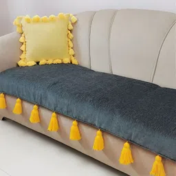 THROWPILLOW Grey & Yellow Anti Slip Tassels Sofa Cover-27