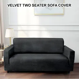 Cortina Grey Velvet Stretchable Double Seater Sofa Cover With Arms-image-54