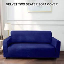 Cortina Navy Blue Velvet Stretchable Double Seater Sofa Cover With Arms-image-46