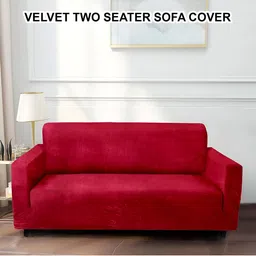 Cortina Red Velvet Stretchable Double Seater Sofa Cover With Arms-image-36