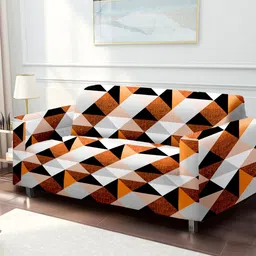 Cortina White & Orange Printed 3-Seater Stretchable Non-Slip Sofa Slipcover-image-60