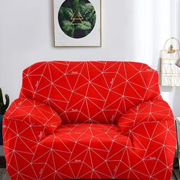 Aura Red & White Printed Polyester 1 Piece Sofa Cover With Arms-image-91
