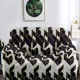 Aura Black & White Printed Polyester 1 Piece Sofa Cover With Arms-16