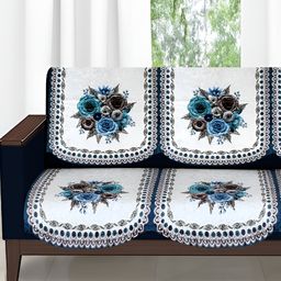 Stylista Blue & White 6 Pieces Floral Printed Velvet Cotton Sofa Covers-image-97