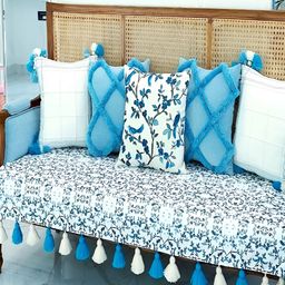 THROWPILLOW White & Blue Durable Tasseled Sofa Cover-image-83