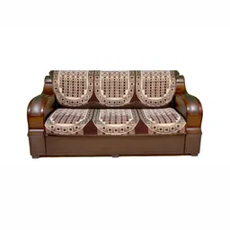 AZOTICA Brown & Cream Coloured 6 Pieces Geometric 5 Seater Cotton Sofa Covers-17