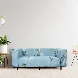 HOUSE OF QUIRK Blue & White Floral Printed 3-Seater Stretchable Non-Slip Sofa Covers-image-46