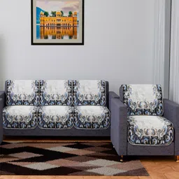 Kuber Industries Grey & Blue 8 Pieces Floral-Printed 3+1 Seater Velvet Sofa Covers-image-68