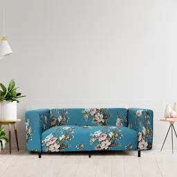HOUSE OF QUIRK Blue & White Floral Printed 2 Seater Stretchable Sofa Covers-43