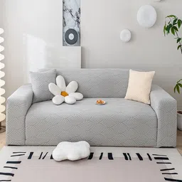 HOUSE OF QUIRK Grey Self Design Jacquard Stretchable 2 Seater Sofa Cover With Arms-image-96