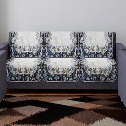 Kuber Industries Grey & Blue 6 Pieces Floral-Printed Velvet 3 Seater Sofa Covers-72