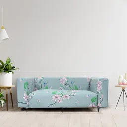 HOUSE OF QUIRK Grey & Pink Flower Printed 1-Seater Stretchable Non-Slip Sofa Covers-picture-1