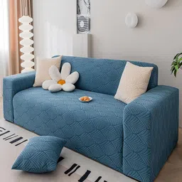 HOUSE OF QUIRK Blue Jacquard Leaf Textured Stretchable 3 seater Sofa cover-picture-57